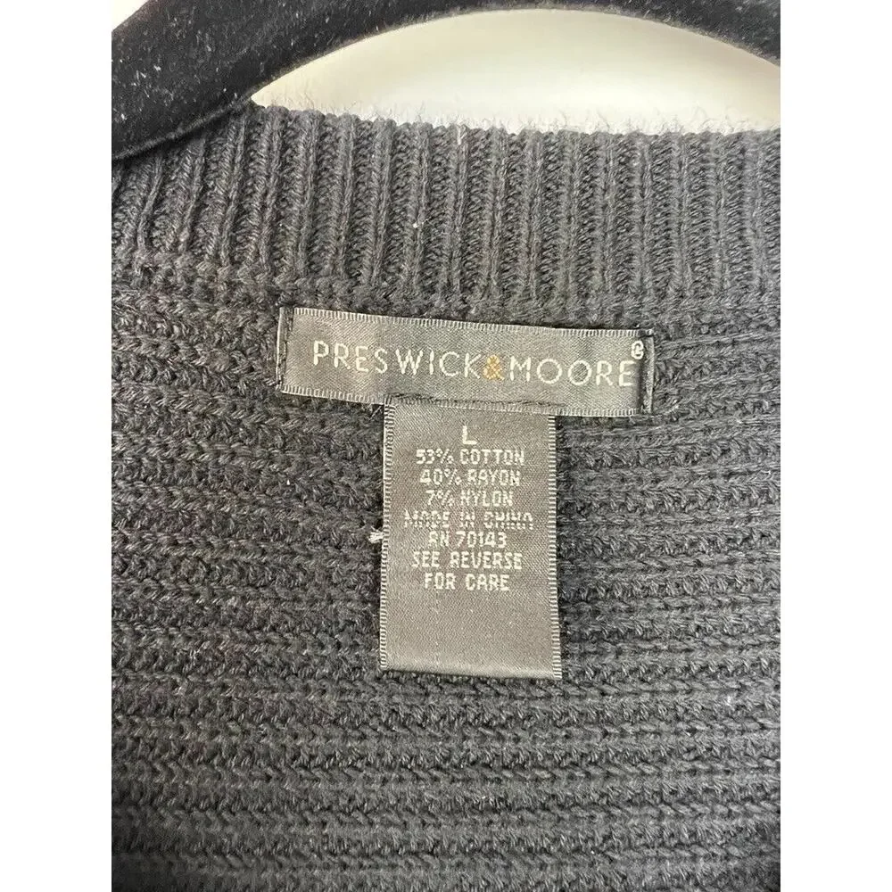 Preswick & Moore Womens Black Ribbed Knit Full-Zip Cardigan Sweater Size L